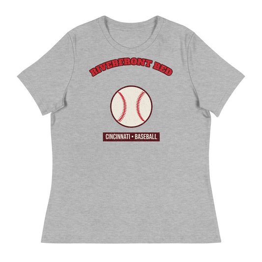 Women's Riverfront Red Baseball Tee in athletic heather, front