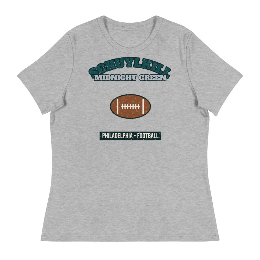 Women's Schuylkill Midnight Green Football Tee in athletic heather, front