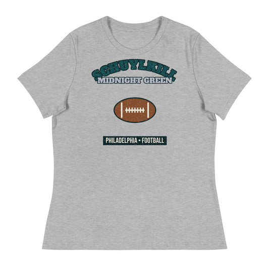 Women's Schuylkill Midnight Green Football Tee in athletic heather, front
