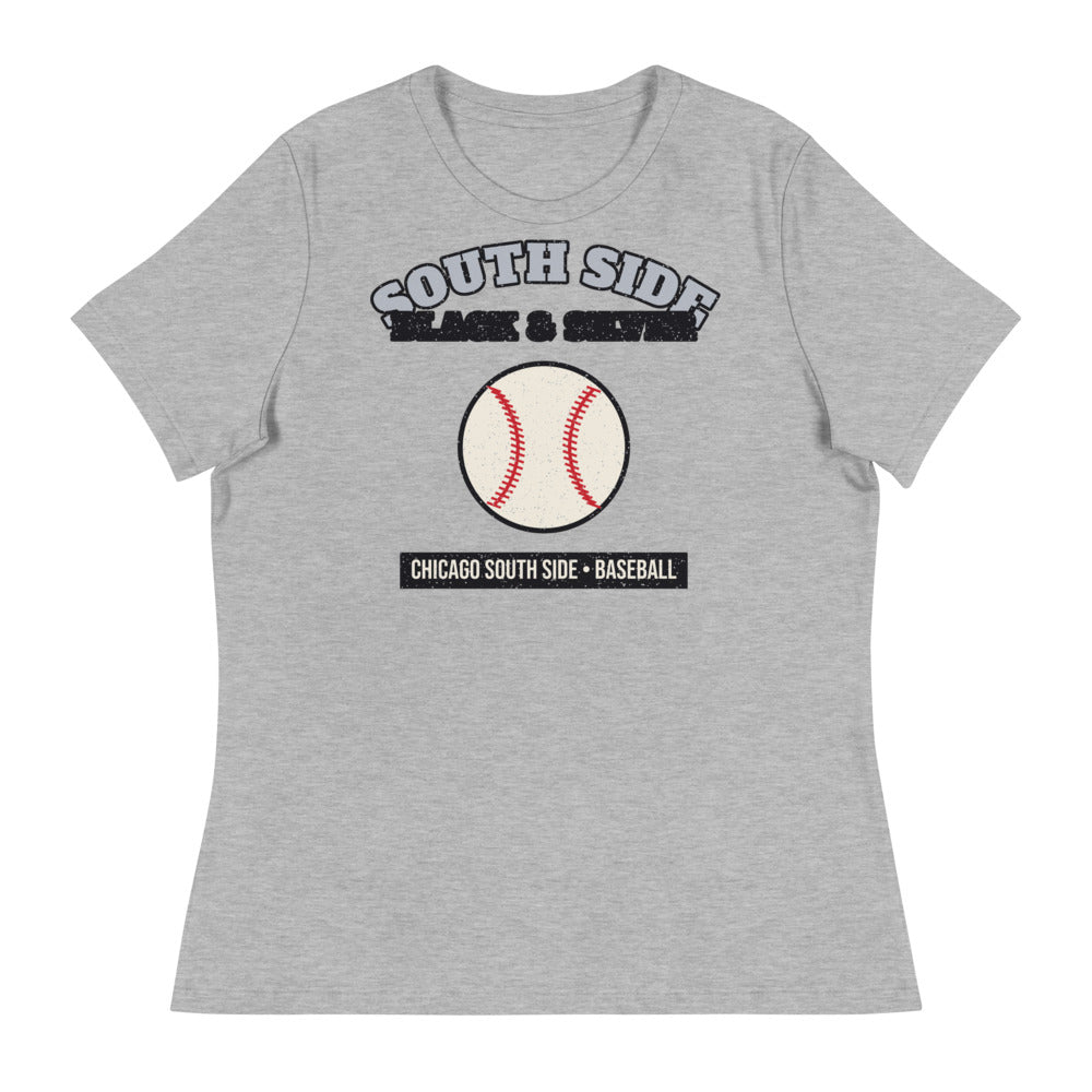 Women's South Side Black & Silver Baseball Tee in athletic heather, front