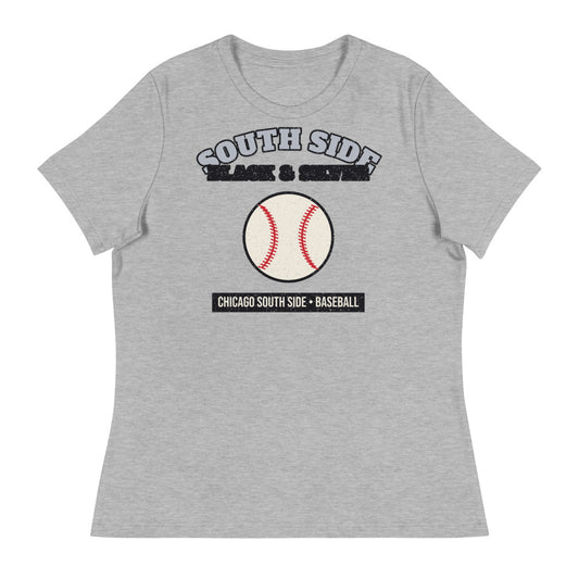 Women's South Side Black & Silver Baseball Tee in athletic heather, front