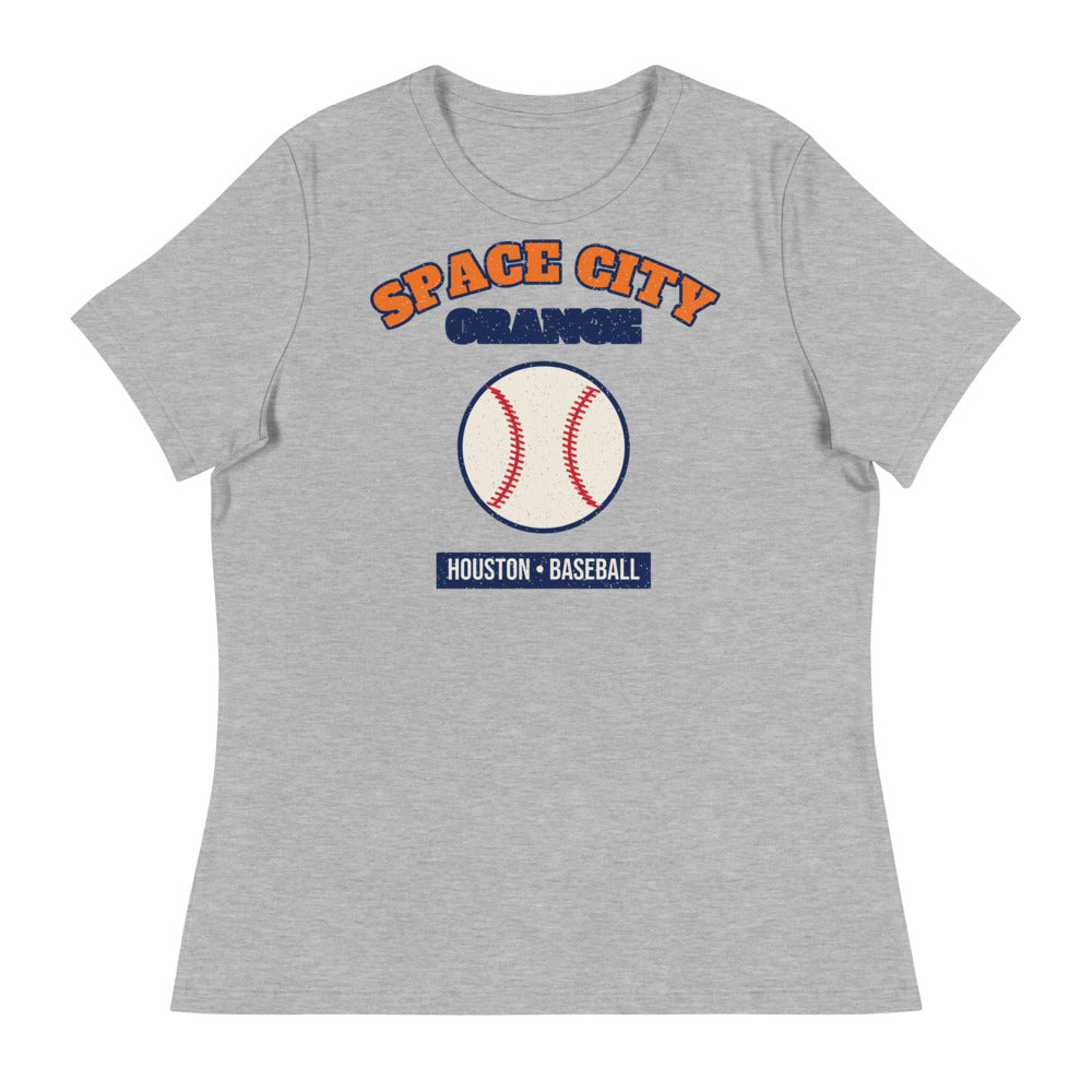 Women's Space City Orange Baseball Tee in athletic heather, front