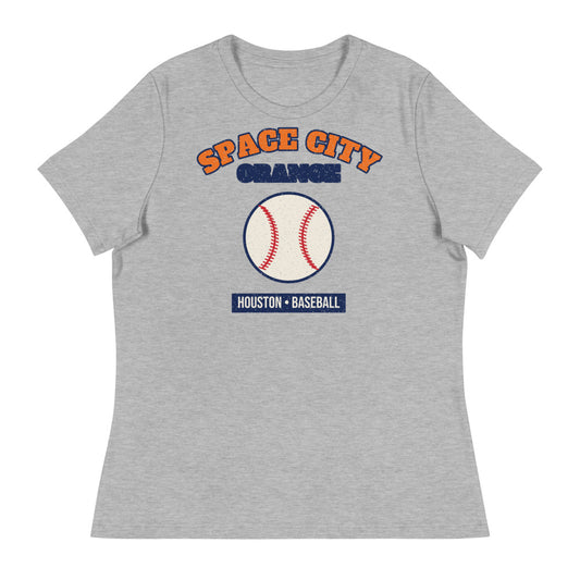Women's Space City Orange Baseball Tee in athletic heather, front