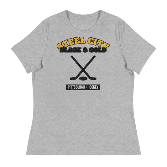 Women's Steel City Black & Gold Hockey Tee in athletic heather, front