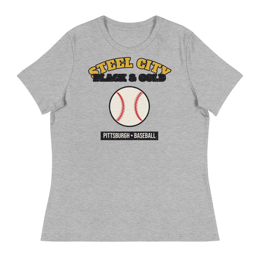 Women's Steel City Black & Gold Baseball Tee in athletic heather, front