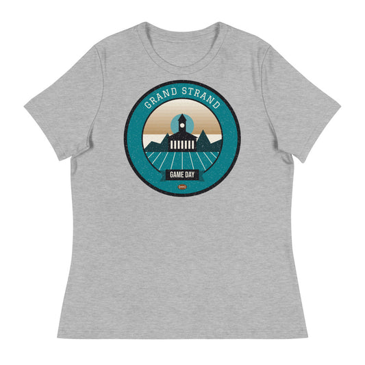 Women's Teal & Bronze Pier Game Day Tee in athletic heather, front
