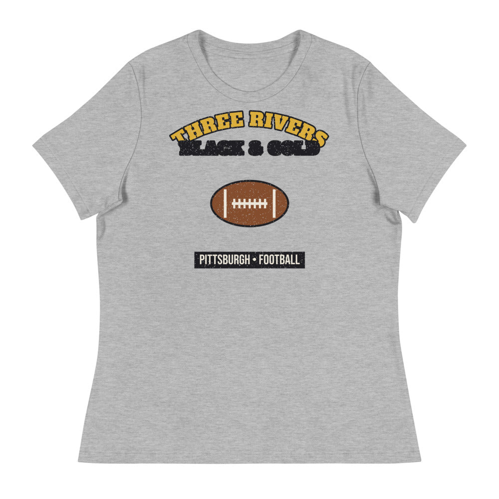 Women's Three Rivers Black & Gold Football Tee in athletic heather, front