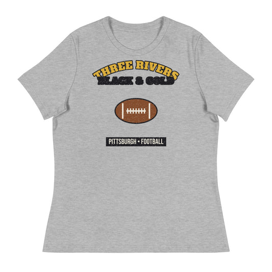 Women's Three Rivers Black & Gold Football Tee in athletic heather, front