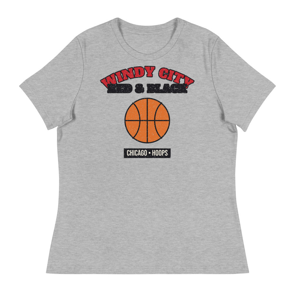 Women's Windy City Red & Black Hoops Tee in athletic heather, front