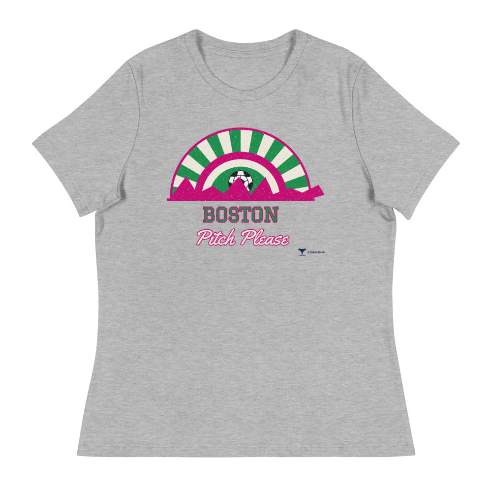 Women's Boston Pitch Please Relaxed Tee in athletic heather, design printed on the front, front view