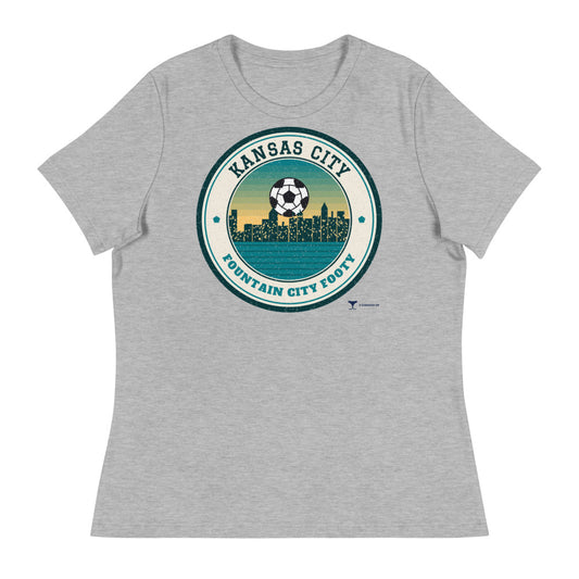 Women's Kansas City Fountain City Footy Relaxed Tee in athletic heather, design printed on the front, front view
