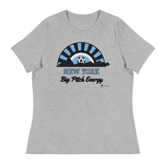 Women's New York Big Pitch Energy Relaxed Tee in athletic heather, design printed on the front, front view