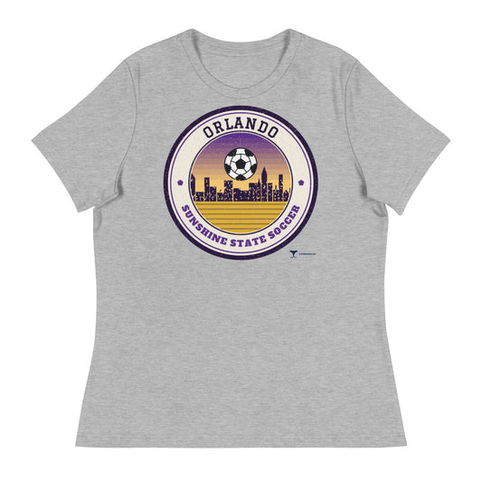 Women's Orlando Sunshine State Soccer Relaxed Tee in athletic heather, design printed on the front, front view
