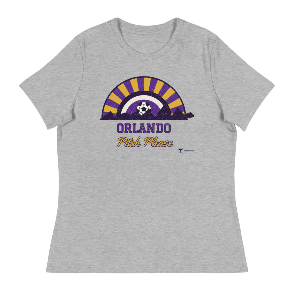 Women's Orlando Pitch Please Relaxed Tee in athletic heather, design printed on the front, front view