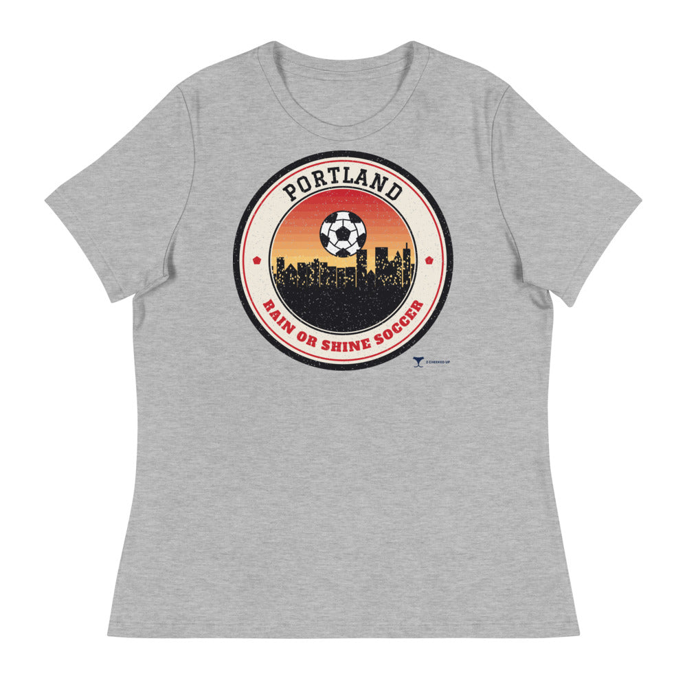 Women's Portland Rain or Shine Soccer Relaxed Tee in athletic heather, design printed on the front, front view