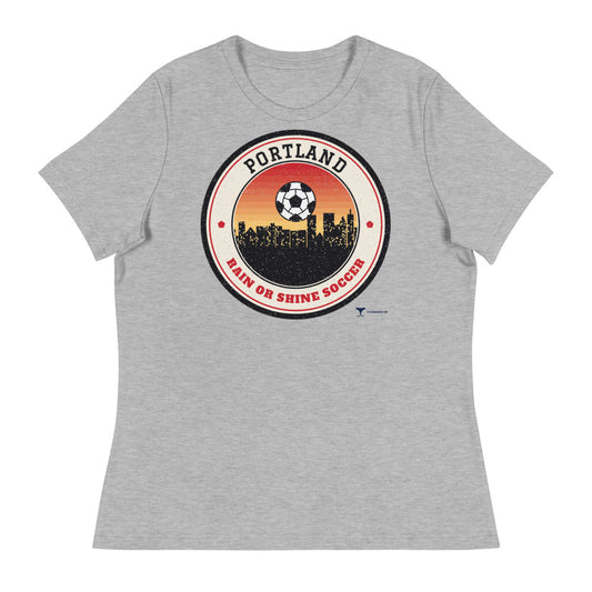 Women's Portland Rain or Shine Soccer Relaxed Tee in athletic heather, design printed on the front, front view