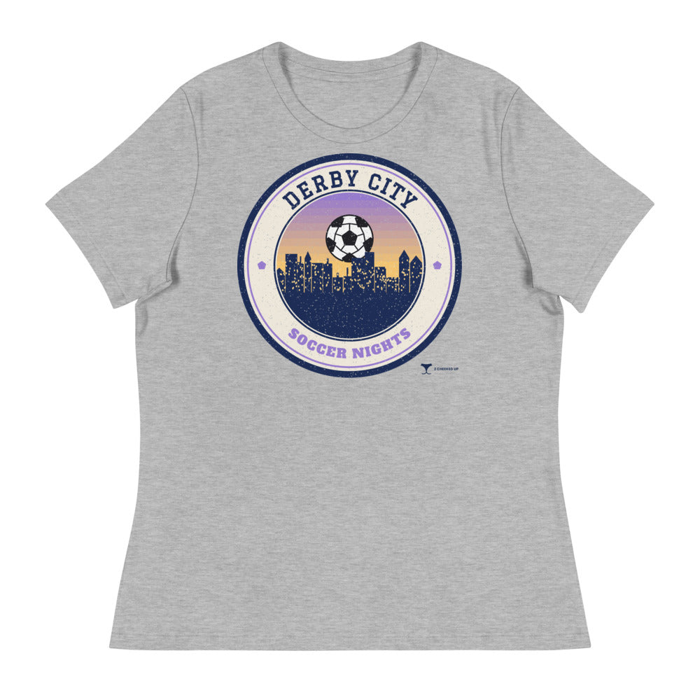 Women's Derby City Soccer Nights Relaxed Tee in athletic heather, design printed on the front, front view
