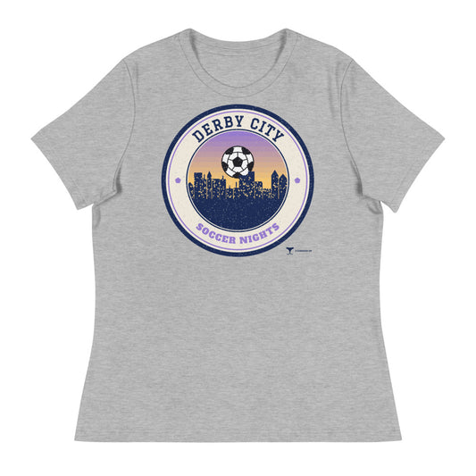 Women's Derby City Soccer Nights Relaxed Tee in athletic heather, design printed on the front, front view