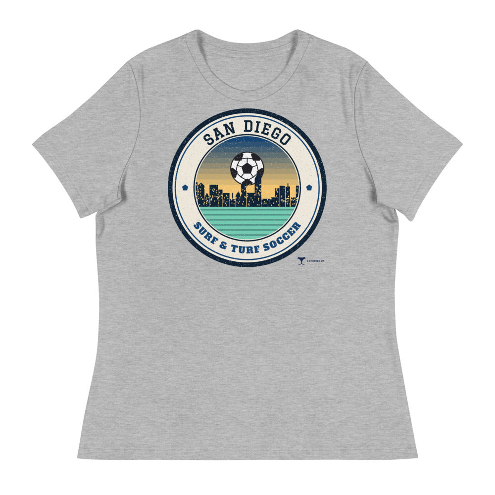 Women's San Diego Surf & Turf Soccer Relaxed Tee in athletic heather, design printed on the front, front view