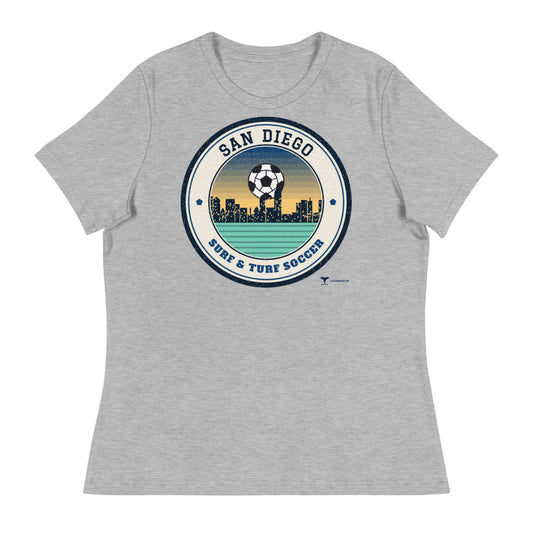 Women's San Diego Surf & Turf Soccer Relaxed Tee in athletic heather, design printed on the front, front view