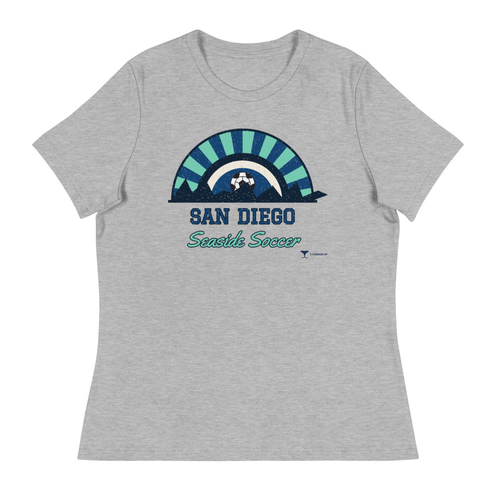 Women's San Diego Seaside Soccer Relaxed Tee in athletic heather, design printed on the front, front view