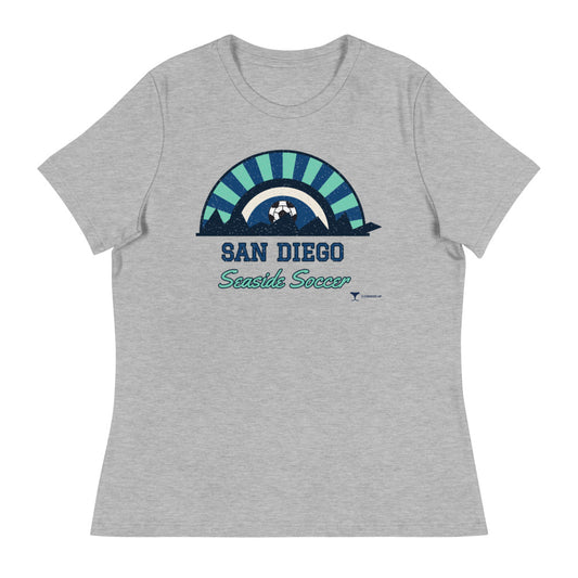 Women's San Diego Seaside Soccer Relaxed Tee in athletic heather, design printed on the front, front view