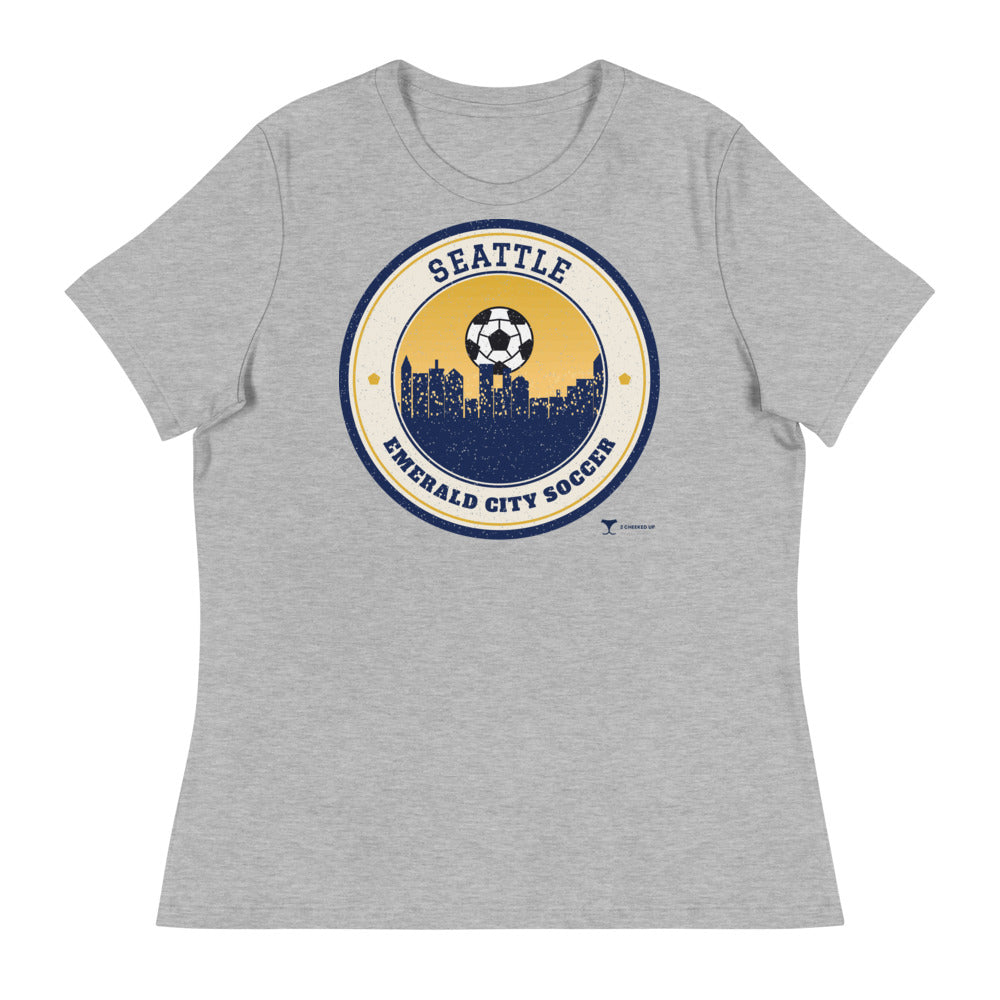 Women's Seattle Emerald City Soccer Relaxed Tee in athletic heather, design printed on the front, front view