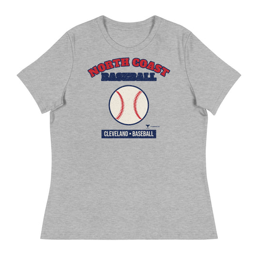 Women's North Coast Baseball Cleveland Relaxed Tee in athletic heather, design printed on the front, front view