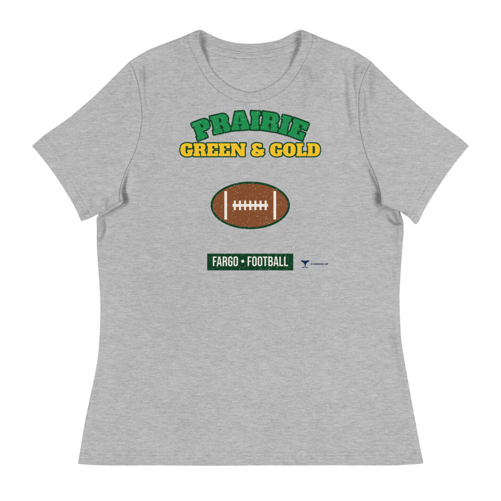 Women's Prairie Green & Gold Fargo Football Relaxed Tee in athletic heather, design printed on the front, front view