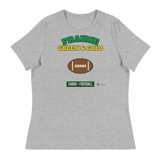Women's Prairie Green & Gold Fargo Football Relaxed Tee in athletic heather, design printed on the front, front view