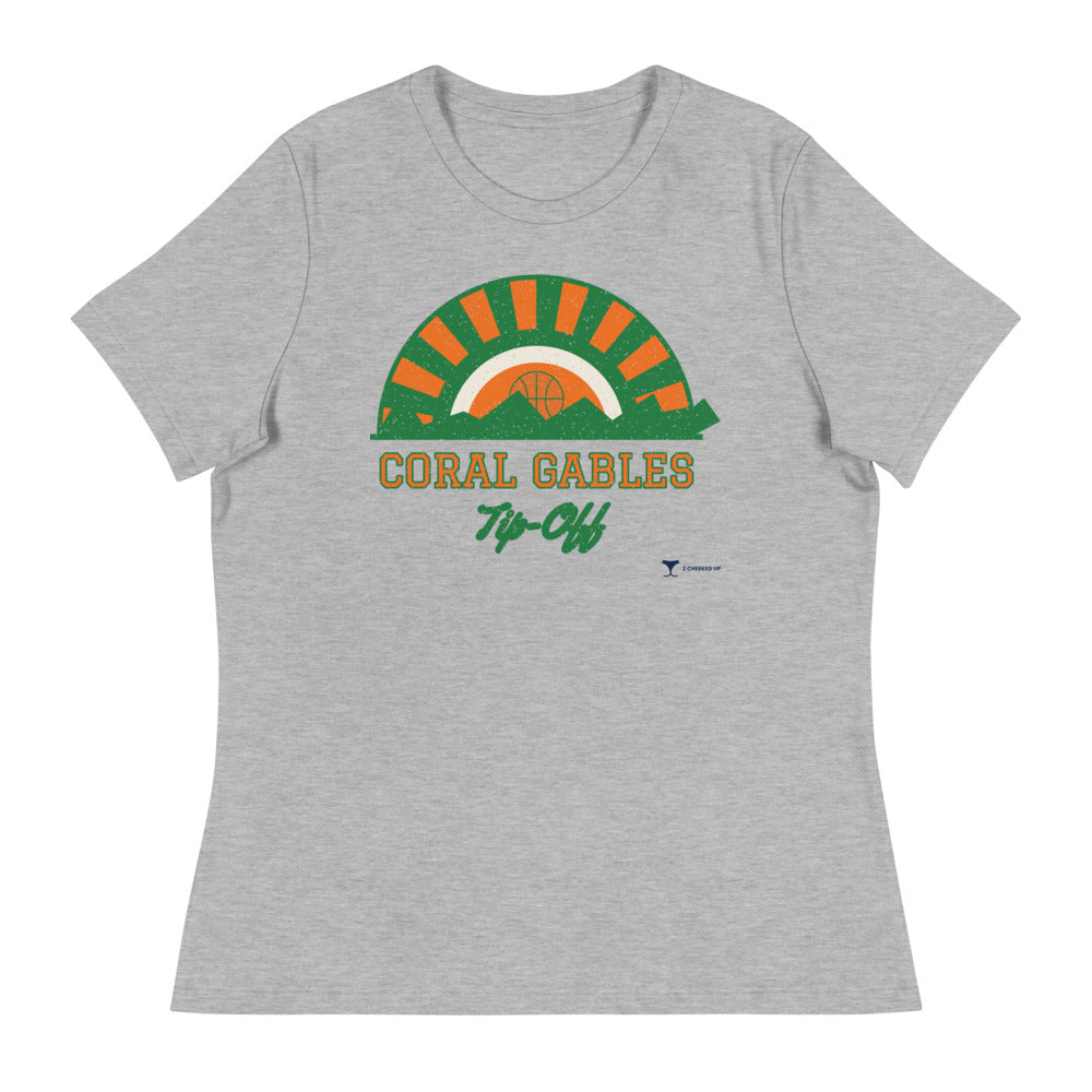 Women's Coral Gables Tip-Off Relaxed Tee in athletic heather, design printed on the front, front view