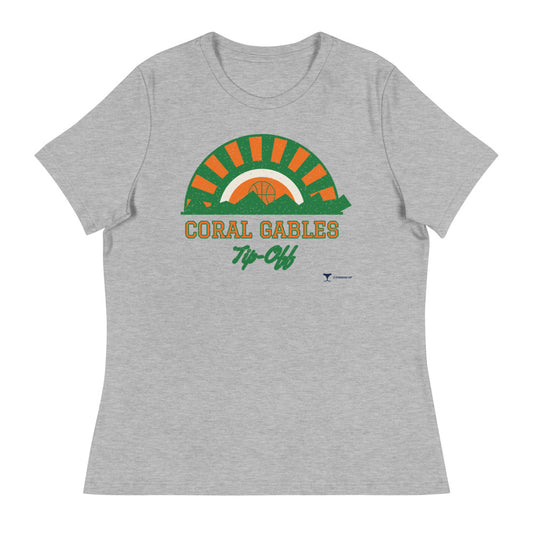 Women's Coral Gables Tip-Off Relaxed Tee in athletic heather, design printed on the front, front view