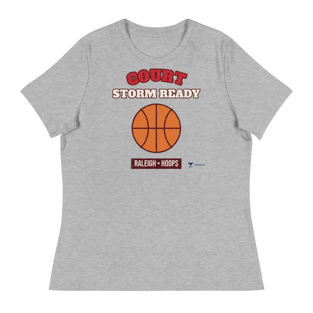 Women's Raleigh Court Storm Ready Relaxed Tee in athletic heather, design printed on the front, front view