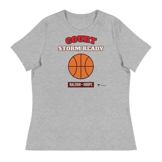Women's Raleigh Court Storm Ready Relaxed Tee in athletic heather, design printed on the front, front view