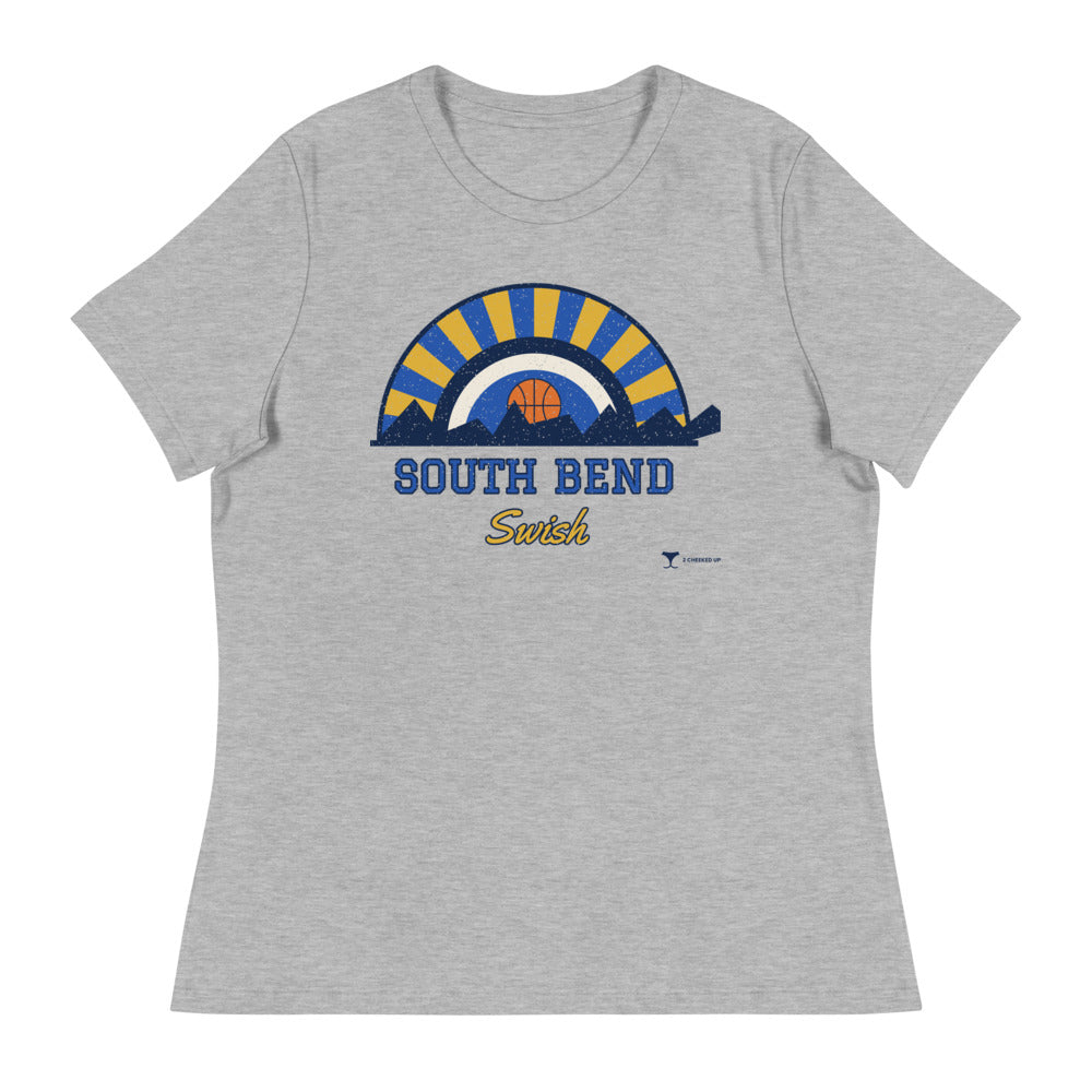 Women's South Bend Swish Relaxed Tee in athletic heather, design printed on the front, front view