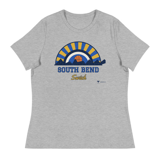 Women's South Bend Swish Relaxed Tee in athletic heather, design printed on the front, front view