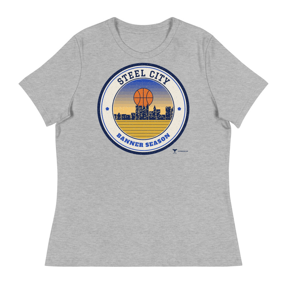 Women's Steel City Banner Season Relaxed Tee in athletic heather, design printed on the front, front view