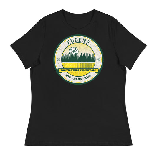 Eugene Pacific Pines Volleyball Women's Tee in black, front