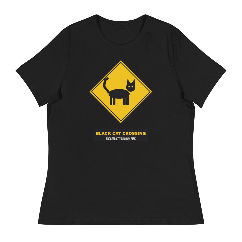 Women's Black Cat Crossing Relaxed Tee in black, design printed on the front, front view