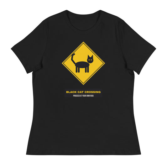 Women's Black Cat Crossing Relaxed Tee in black, design printed on the front, front view