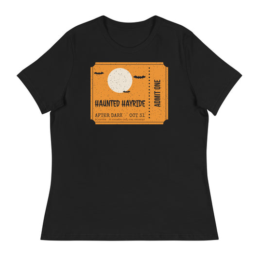 Women's Haunted Hayride Relaxed Tee in black, design printed on the front, front view