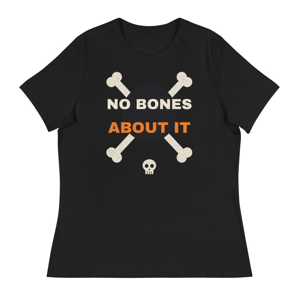 Women's No Bones About It Relaxed Tee in black, design printed on the front, front view