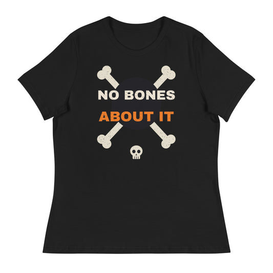 Women's No Bones About It Relaxed Tee in black, design printed on the front, front view