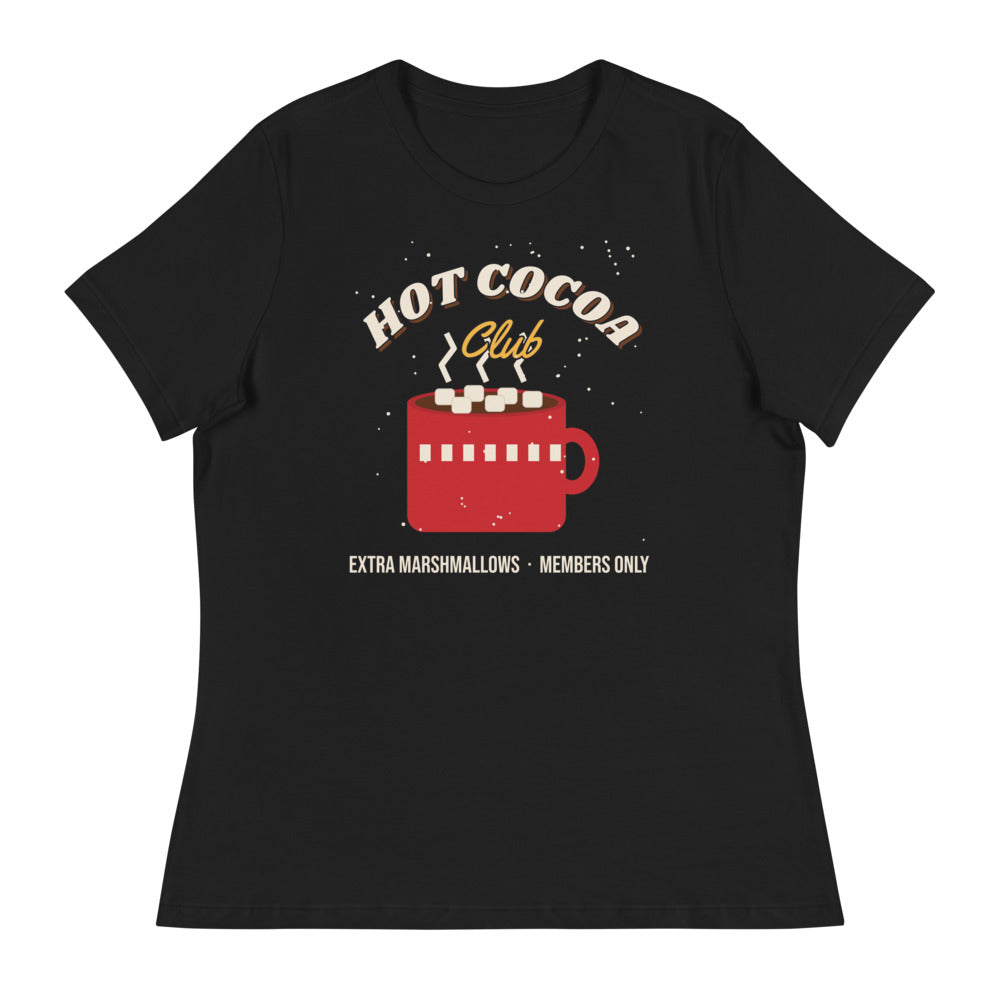 Women's Hot Cocoa Club Relaxed Tee in black, design printed on the front, front view