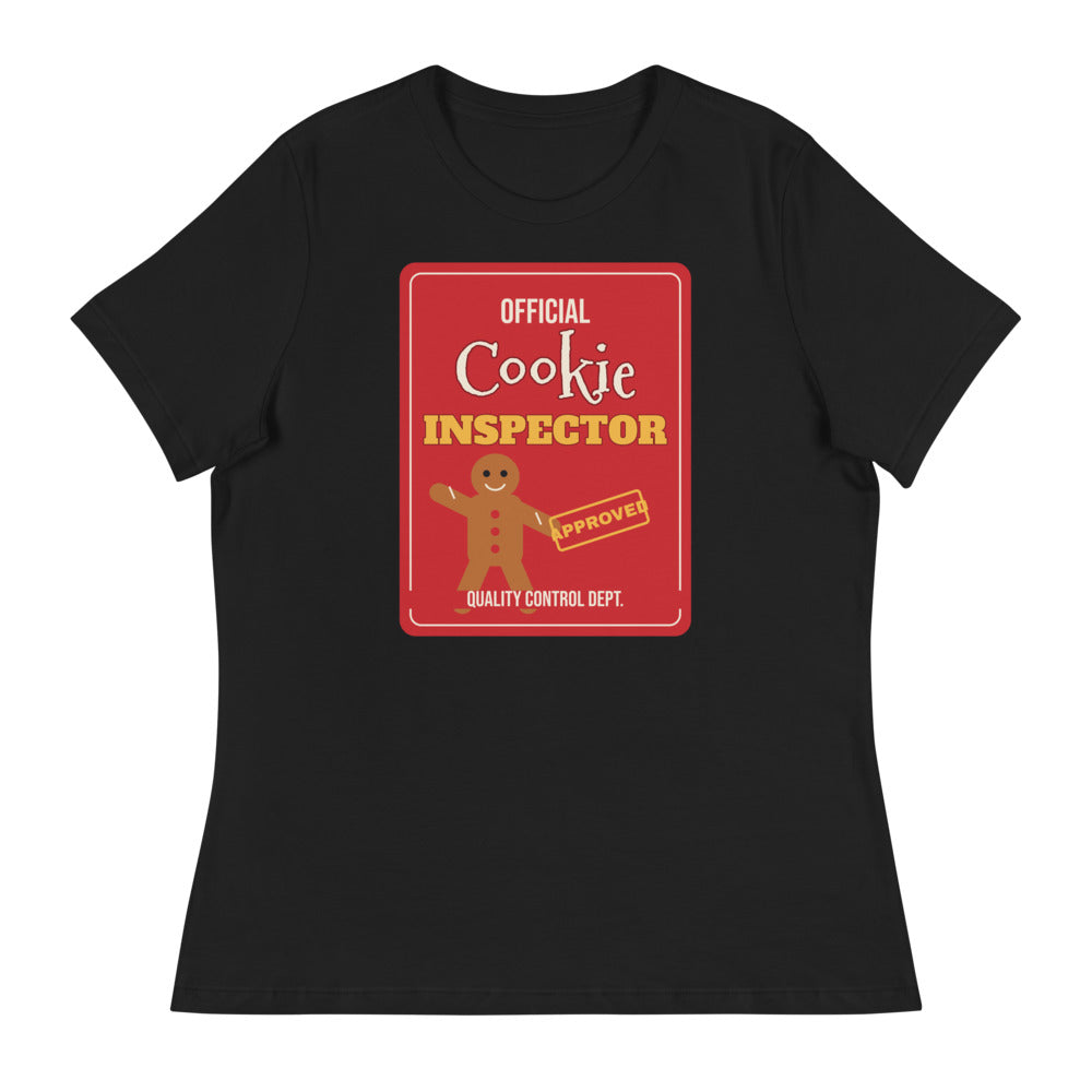 Women's Cookie Inspector Relaxed Tee in black, design printed on the front, front view
