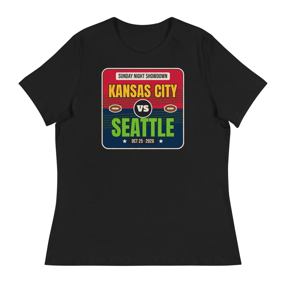 Women's Kansas City vs. Seattle Showdown 2026 Relaxed Tee in black, design printed on the front, front view