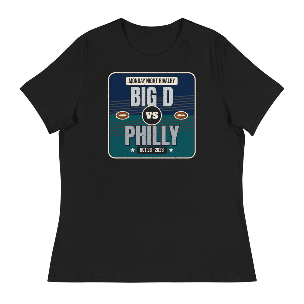 Women's Big D vs. Philly Rivalry 2026 Relaxed Tee in black, design printed on the front, front view