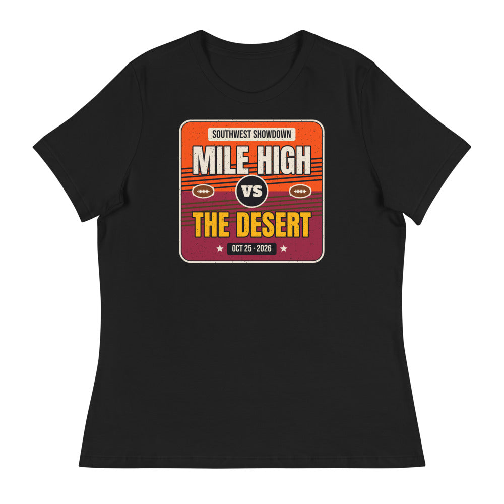 Women's Mile High vs. The Desert Showdown 2026 Relaxed Tee in black, design printed on the front, front view