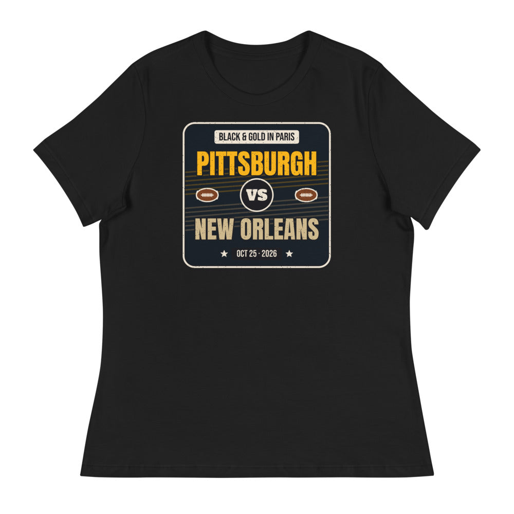 Women's Pittsburgh vs. New Orleans Paris Game 2026 Relaxed Tee in black, design printed on the front, front view