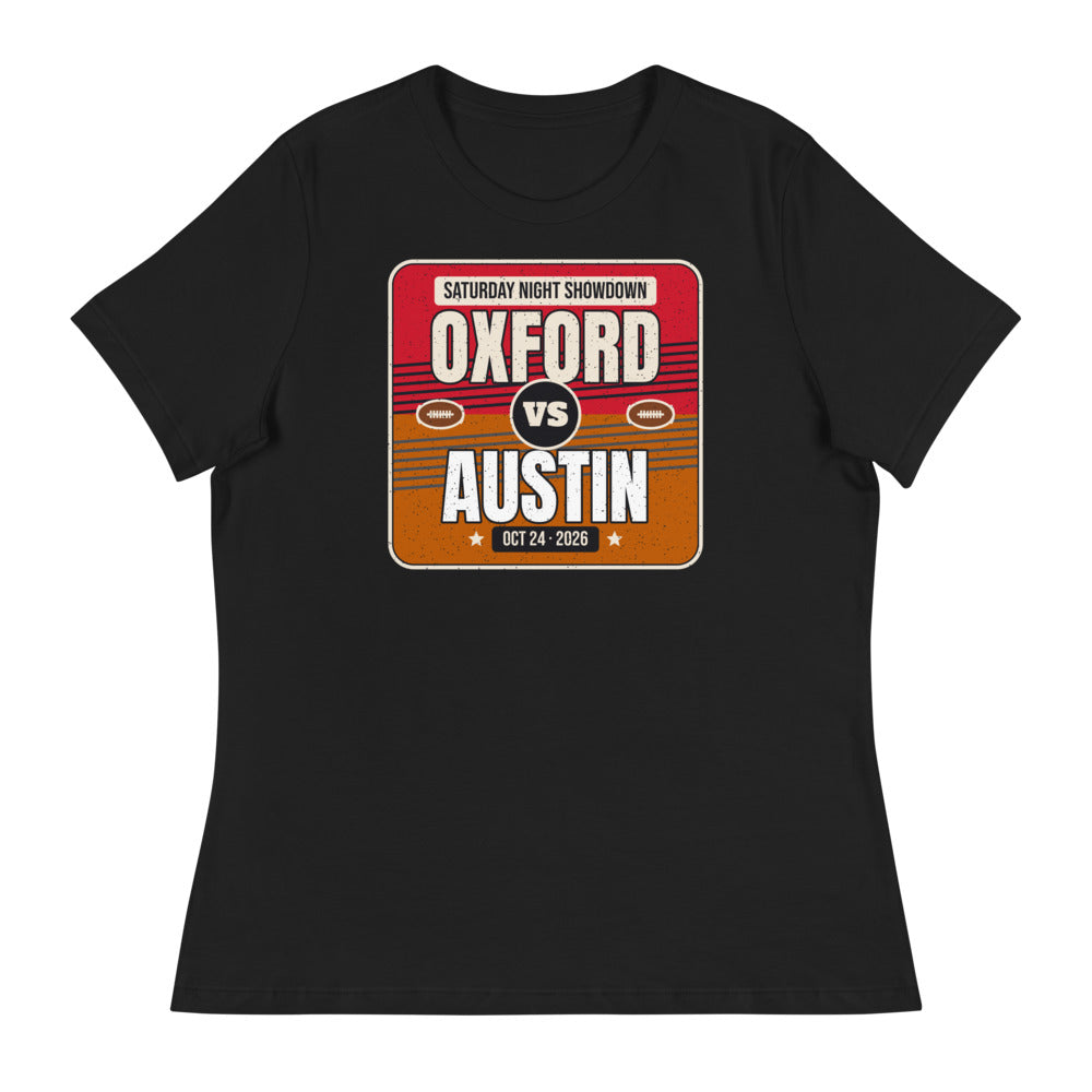 Women's Oxford vs. Austin Showdown 2026 Relaxed Tee in black, design printed on the front, front view